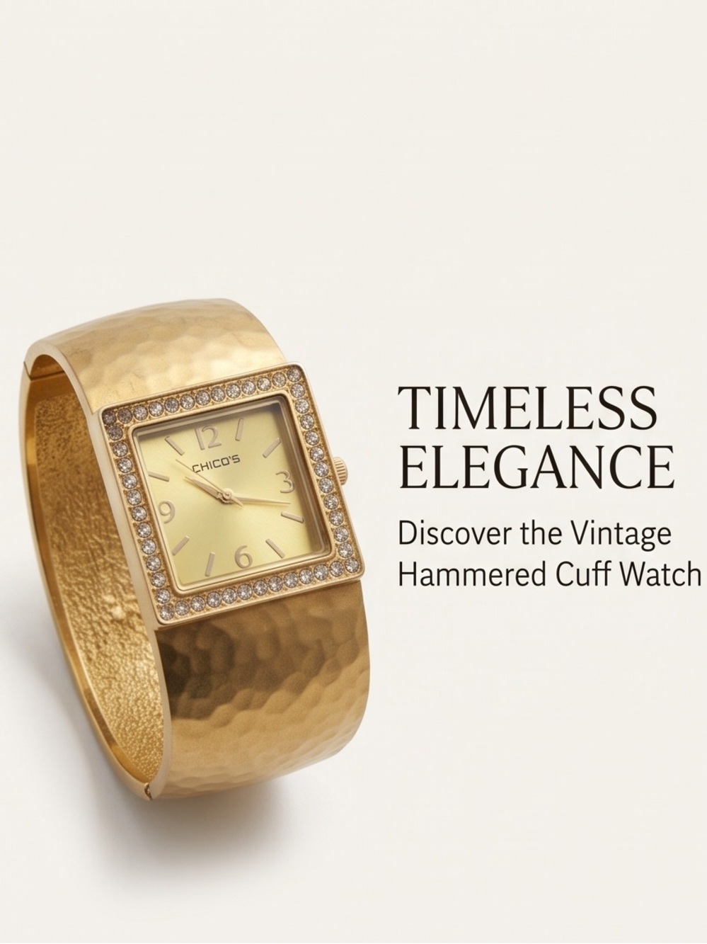 Chico's Gold Square Face Cuff Bracelet Watch Crystal Trim New Battery!